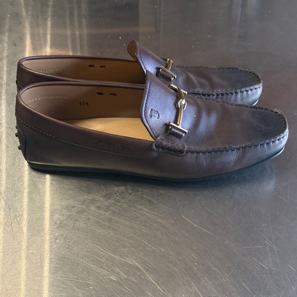Tod's Dark Brown Leather Loafers with Gold Accent